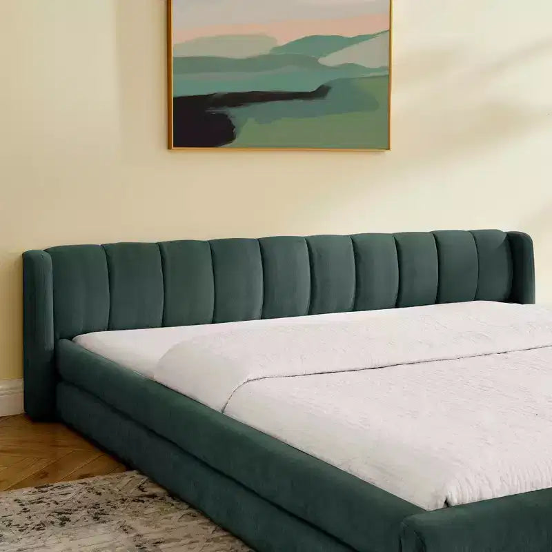 Letto imbottito king size con testiera in tessuto ciniglia per camera da letto blu-verde