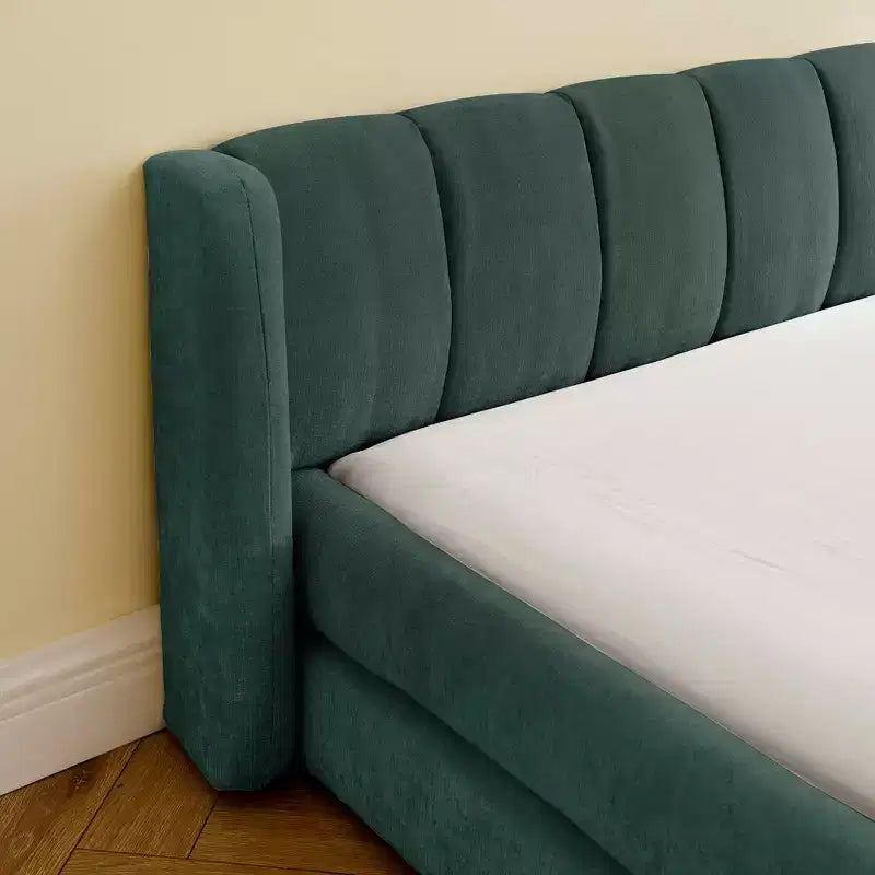 Letto imbottito king size con testiera in tessuto ciniglia per camera da letto blu-verde