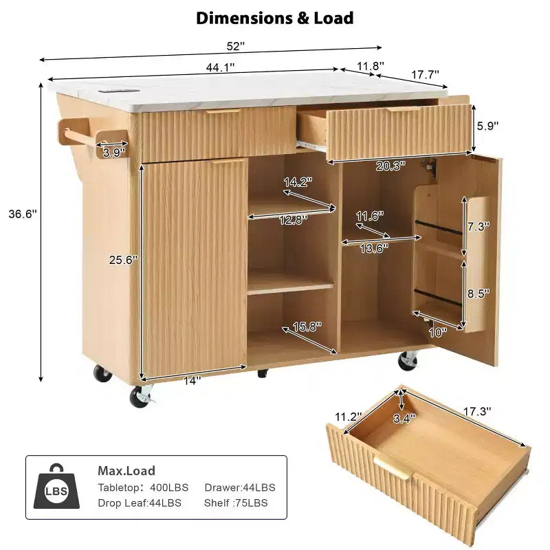 52 Isola per Cucina con Anta a Goccia e Top Effetto Marmo, Carrello Cucina su Ruote con Contenitore per Cucina o Sala da Pranzo-Panipeachy