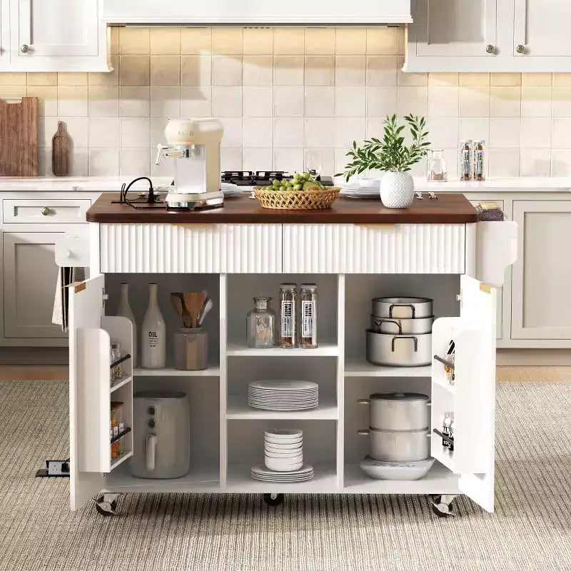 52 Isola per Cucina con Anta a Goccia e Top Effetto Marmo, Carrello Cucina su Ruote con Contenitore per Cucina o Sala da Pranzo-Panipeachy