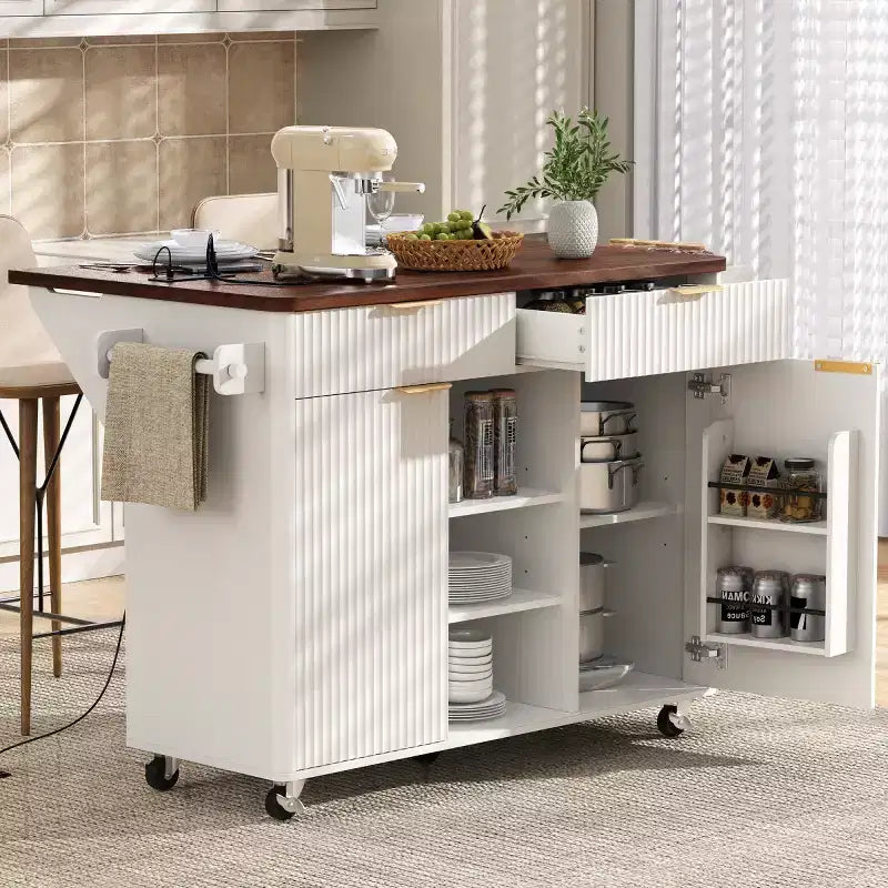 52 Isola per Cucina con Anta a Goccia e Top Effetto Marmo, Carrello Cucina su Ruote con Contenitore per Cucina o Sala da Pranzo-Panipeachy