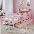 MAYEERTY Twin Size Bed with Headboard Storage Storage Rack Two Under Bed Drawers Three Side Guardrails for Bedroom Pink
