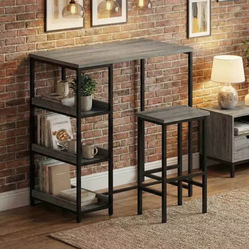 Set da Tavolo da Cucina da 3 Pezzi con Scaffali Contenitori e 2 Sgabelli da Bar - Tavolo da Pranzo in Ferro e Legno per Piccoli Spazi, Appartamenti