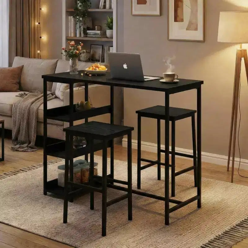 Set da Tavolo da Cucina da 3 Pezzi con Scaffali Contenitori e 2 Sgabelli da Bar - Tavolo da Pranzo in Ferro e Legno per Piccoli Spazi, Appartamenti