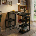 3-Piece Kitchen Table Set with Storage Shelves & 2 Bar Stools - Iron and Wood Dining Table for Small Spaces, Apartments