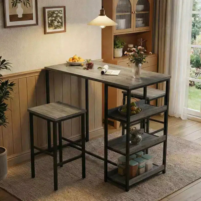 Set da Tavolo da Cucina da 3 Pezzi con Scaffali Contenitori e 2 Sgabelli da Bar - Tavolo da Pranzo in Ferro e Legno per Piccoli Spazi, Appartamenti