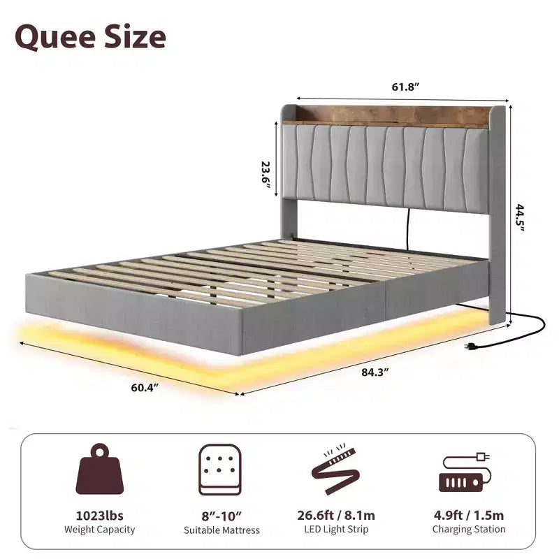Struttura letto moderna con piattaforma fluttuante, design imbottito, robuste doghe in legno, non richiede materasso a molle, facile da montare, beige matrimoniale.