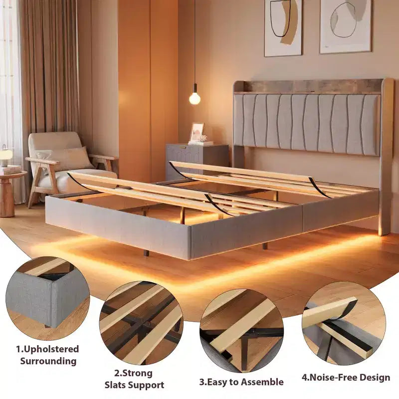 Struttura letto moderna con piattaforma fluttuante, design imbottito, robuste doghe in legno, non richiede materasso a molle, facile da montare, beige matrimoniale.