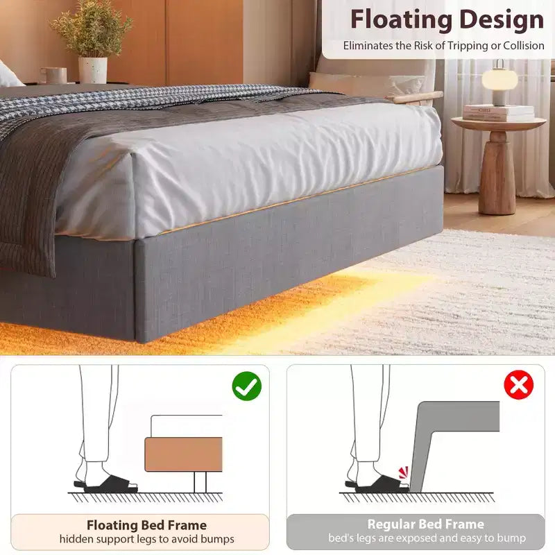 Struttura letto moderna con piattaforma fluttuante, design imbottito, robuste doghe in legno, non richiede materasso a molle, facile da montare, beige matrimoniale.