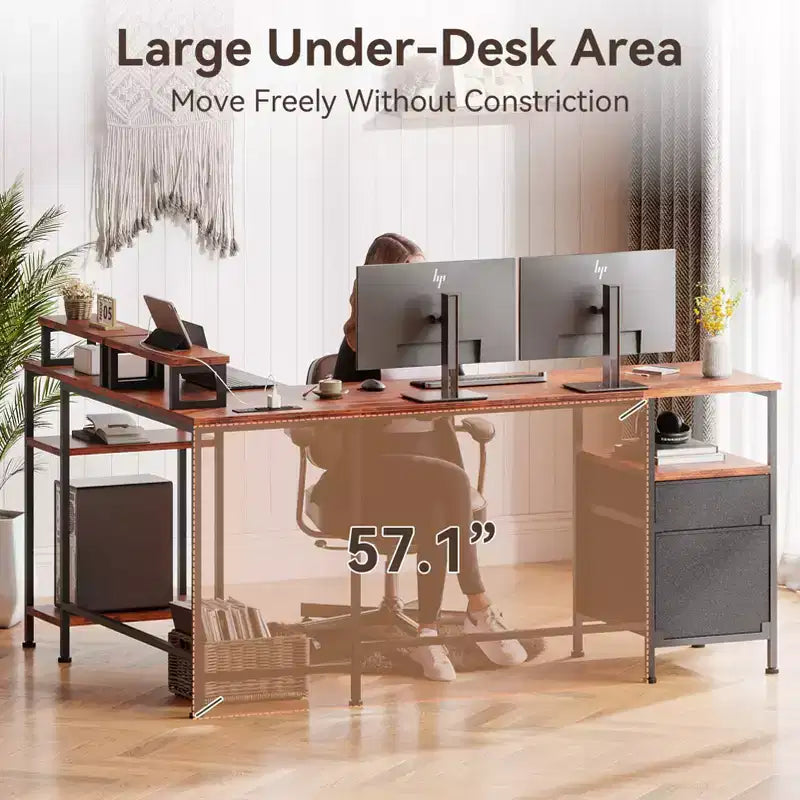Scrivania ad angolo a L per computer da 168 cm, marrone, con stazione di ricarica, reversibile, per gaming, con schedario, supporto monitor, spazio di archiviazione, workstation per ufficio domestico