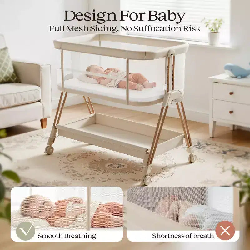Culla Co-Sleeping per Neonati con Ruote e Vassoio Portaoggetti