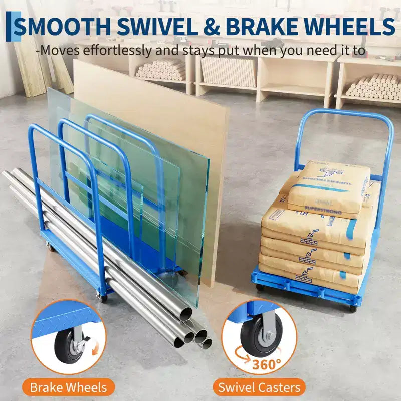 Carrello Piattaforma Pieghevole Resistente da 900 kg con Doppi Corrimano Laterali, Ruote Girevoli da 5 Pollici, Carrello Piattaforma Piana da 94x61 cm Blu