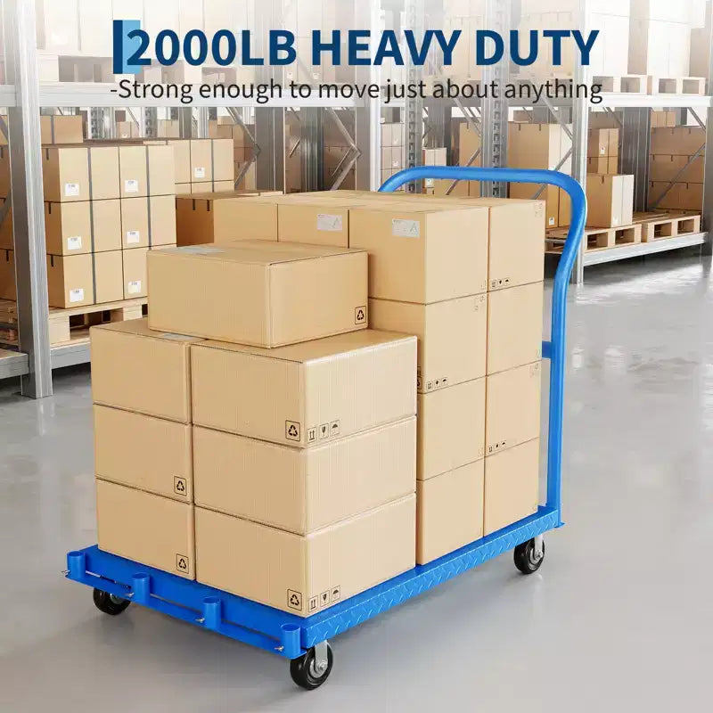 Carrello Piattaforma Pieghevole Resistente da 900 kg con Doppi Corrimano Laterali, Ruote Girevoli da 5 Pollici, Carrello Piattaforma Piana da 94x61 cm Blu