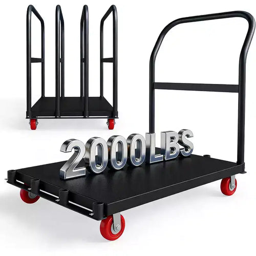 2000LBS Heavy Duty Folding Platform Cart with Dual Side Handrails, 5 Inch Swivel Wheels, 37x24 Inch Flatbed Rolling Cart Blue