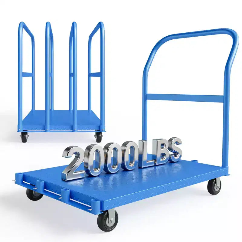 Carrello Piattaforma Pieghevole Resistente da 900 kg con Doppi Corrimano Laterali, Ruote Girevoli da 5 Pollici, Carrello Piattaforma Piana da 94x61 cm Blu