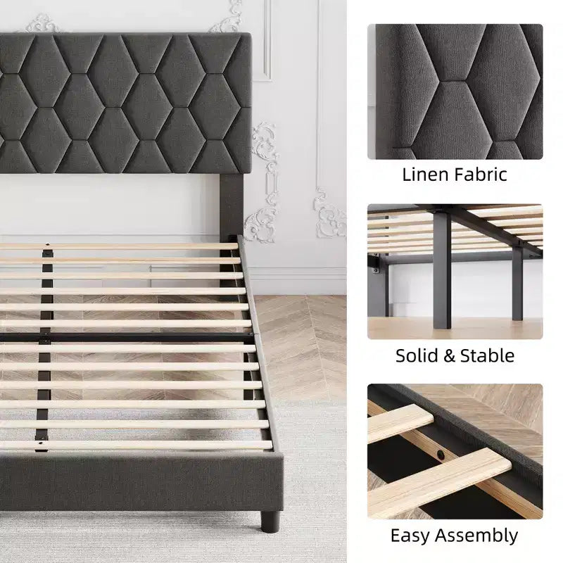 Struttura letto moderna imbottita con testiera regolabile, piattaforma resistente, supporto robusto con doghe in legno, silenziosa, non necessita di rete a molle.