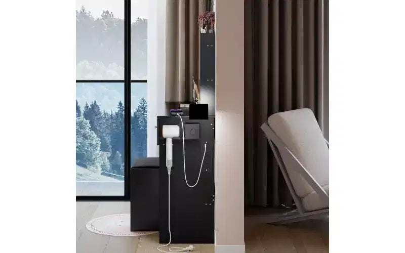 Scrivania da Trucco di Lusso da 17 Pollici con Specchio a LED, Organizzazione Salvaspazio, Hub Elettrico Integrato, Supporto per Asciugacapelli e Sgabello Abbinato per la Camera da Letto