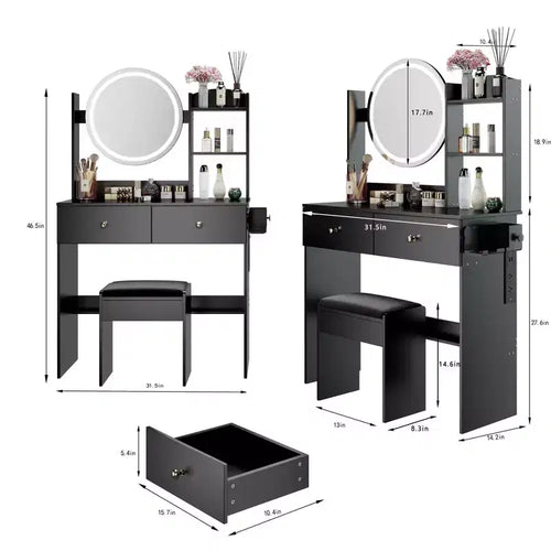 Scrivania da Trucco di Lusso da 17 Pollici con Specchio a LED, Organizzazione Salvaspazio, Hub Elettrico Integrato, Supporto per Asciugacapelli e Sgabello Abbinato per la Camera da Letto