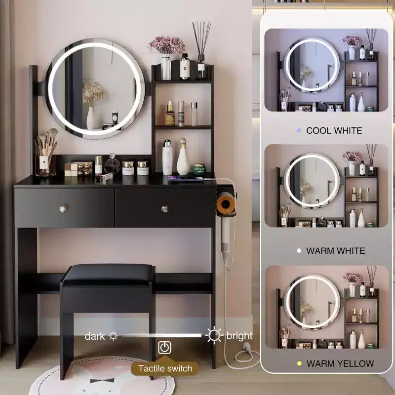 Scrivania da Trucco di Lusso da 17 Pollici con Specchio a LED, Organizzazione Salvaspazio, Hub Elettrico Integrato, Supporto per Asciugacapelli e Sgabello Abbinato per la Camera da Letto
