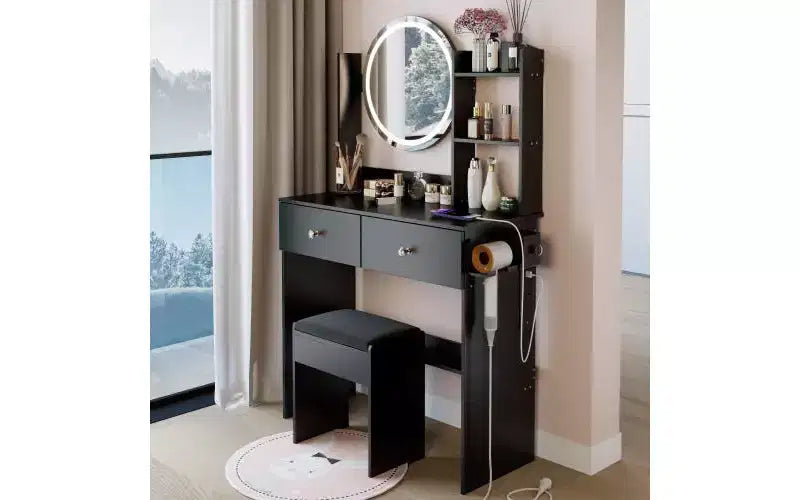 Scrivania da Trucco di Lusso da 17 Pollici con Specchio a LED, Organizzazione Salvaspazio, Hub Elettrico Integrato, Supporto per Asciugacapelli e Sgabello Abbinato per la Camera da Letto