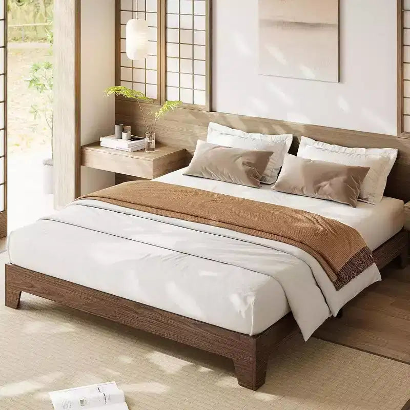 Base letto in legno con doghe, design minimalista, spazio contenitivo sotto il letto, nessun bisogno di rete, silenzioso e facile da montare, noce