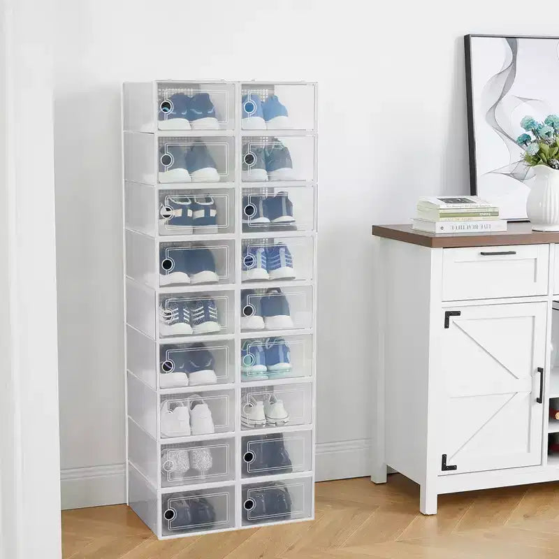 Confezione da 18 scatole porta scarpe impilabili grandi, contenitori organizer in plastica trasparente con sportello a cerniera, adatti per sneakers e scarpe, 36,1 x 25,9 x 20,1 cm