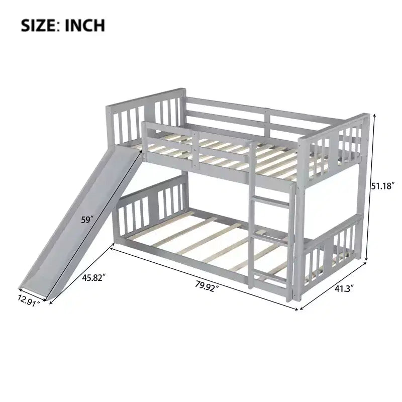 Letto a castello basso in legno gemello su gemello con scivolo reversibile