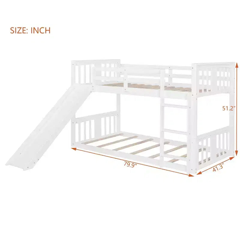 Letto a castello basso in legno gemello su gemello con scivolo reversibile
