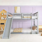 Luxystar Twin over Twin Low Wooden Bunk Bed with Reversible Slide for Kids' Room