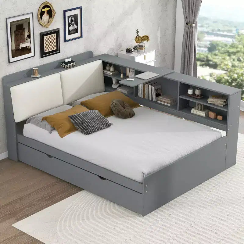 FAMYYT Full Size Platform Bed?With Storage Headboard, Shelves and Trundle, Easy Assembly