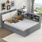 FAMYYT Full Size Platform Bed?With Storage Headboard, Shelves and Trundle, Easy Assembly