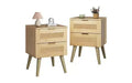 DEXYLLO Wooden Nightstands Set of 2, Rattan Night Stand with 2 Drawers, Boho Nightstand with Solid Legs, Natural Oak