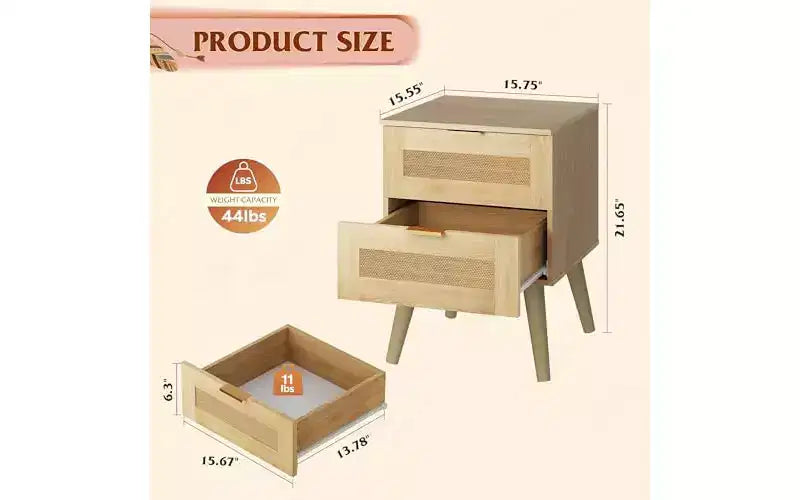 Comodini in legno confezione da 2, comodino in rattan