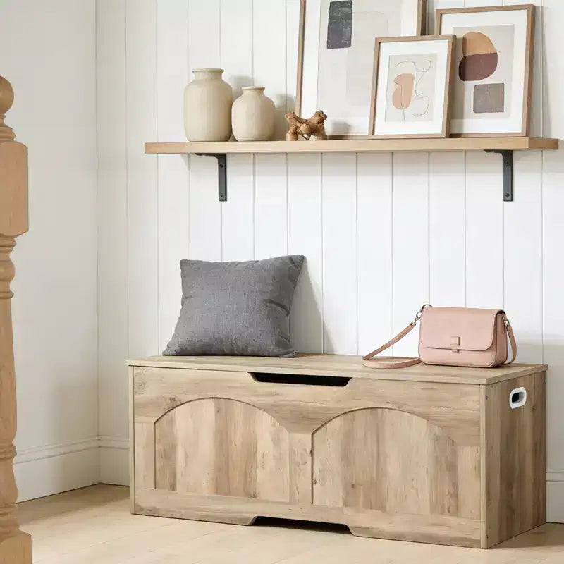 Panca Contenitore in Legno da 99,8 cm con Maniglia a U, Cerniera di Sicurezza, Supporta Fino a 136 kg e Facile Montaggio per Organizzare i Giocattoli