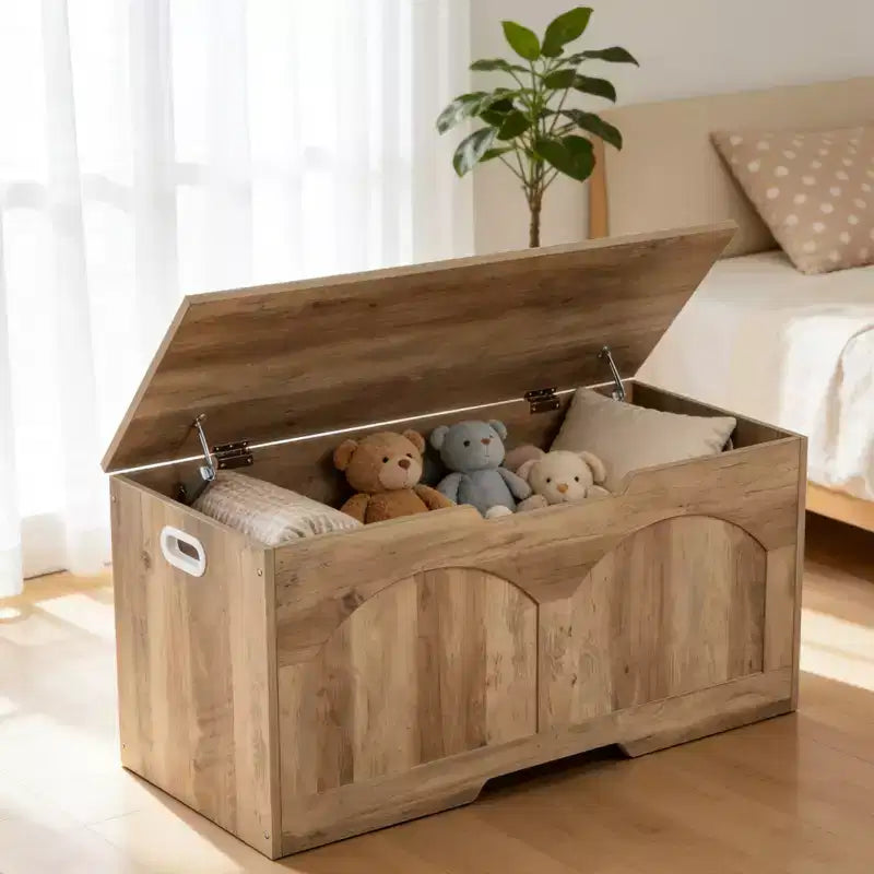 Panca Contenitore in Legno da 99,8 cm con Maniglia a U, Cerniera di Sicurezza, Supporta Fino a 136 kg e Facile Montaggio per Organizzare i Giocattoli