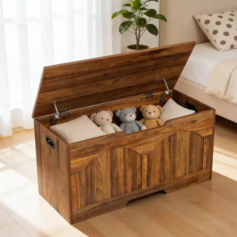 Panca Contenitore in Legno da 99,8 cm con Maniglia a U, Cerniera di Sicurezza, Supporta Fino a 136 kg e Facile Montaggio per Organizzare i Giocattoli