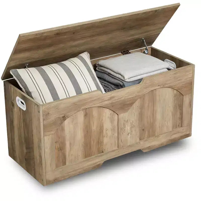 Panca Contenitore in Legno da 99,8 cm con Maniglia a U, Cerniera di Sicurezza, Supporta Fino a 136 kg e Facile Montaggio per Organizzare i Giocattoli