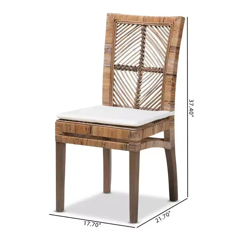 Sedia da pranzo in rattan e mogano con cuscino grigio/bianco, cuscino rimovibile, schienale curvo