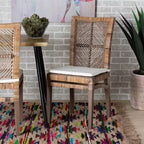 Sedia da pranzo in rattan e mogano con cuscino grigio/bianco, cuscino rimovibile, schienale curvo