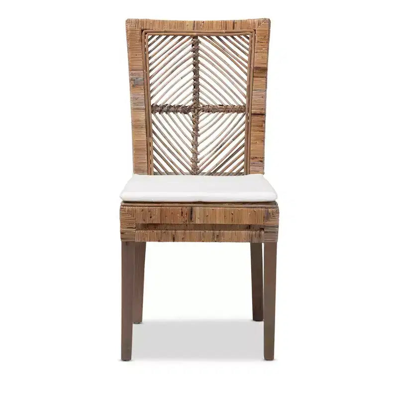 Sedia da pranzo in rattan e mogano con cuscino grigio/bianco, cuscino rimovibile, schienale curvo