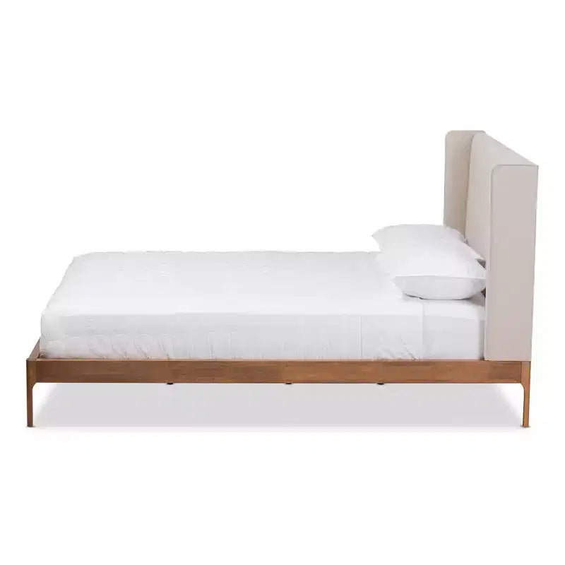 Letto matrimoniale imbottito in tessuto color beige in legno di noce di Brooklyn, stile moderno di metà secolo