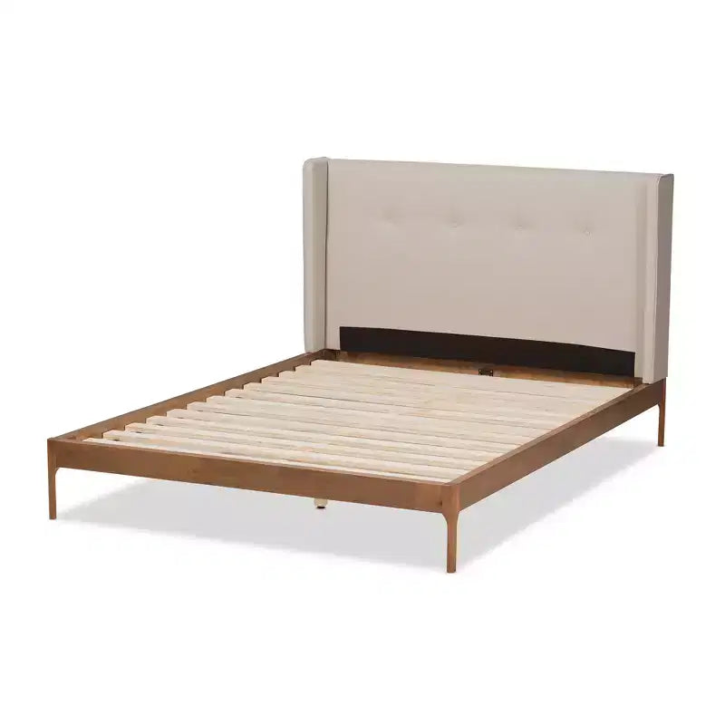 Letto matrimoniale imbottito in tessuto color beige in legno di noce di Brooklyn, stile moderno di metà secolo