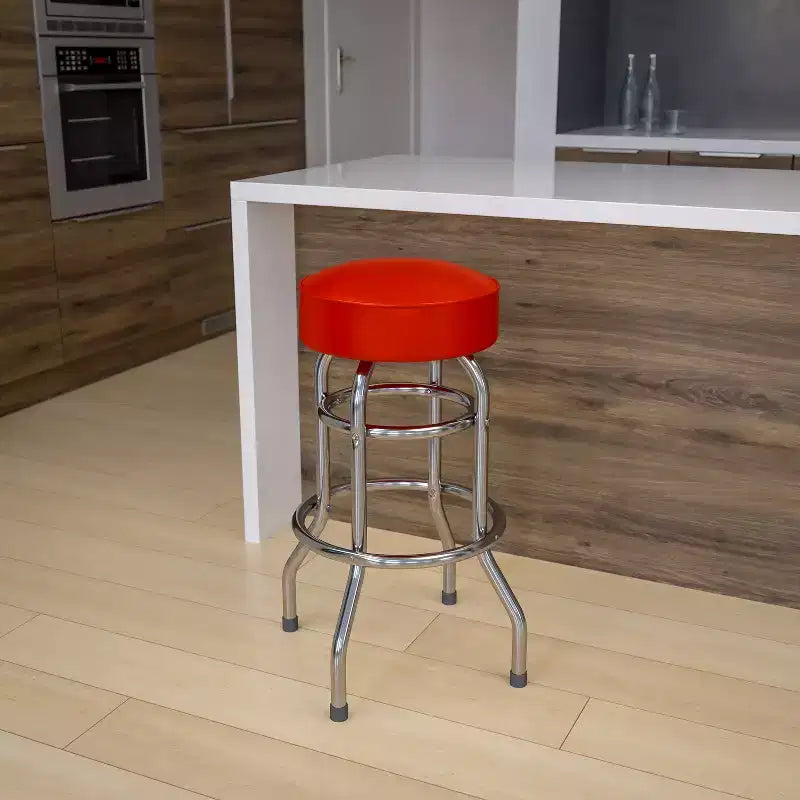 Sgabello da bar cromato con doppio anello