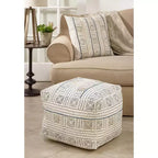 Pouf da pavimento in tela Mudcloth con design astratto, bianco