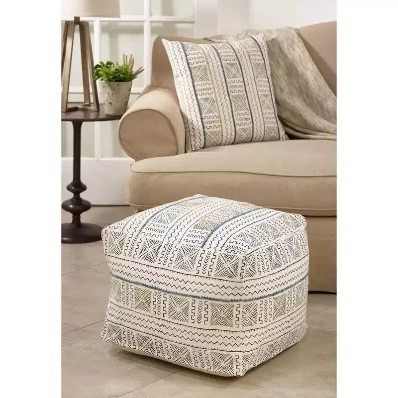 Pouf da pavimento in tela Mudcloth con design astratto, bianco