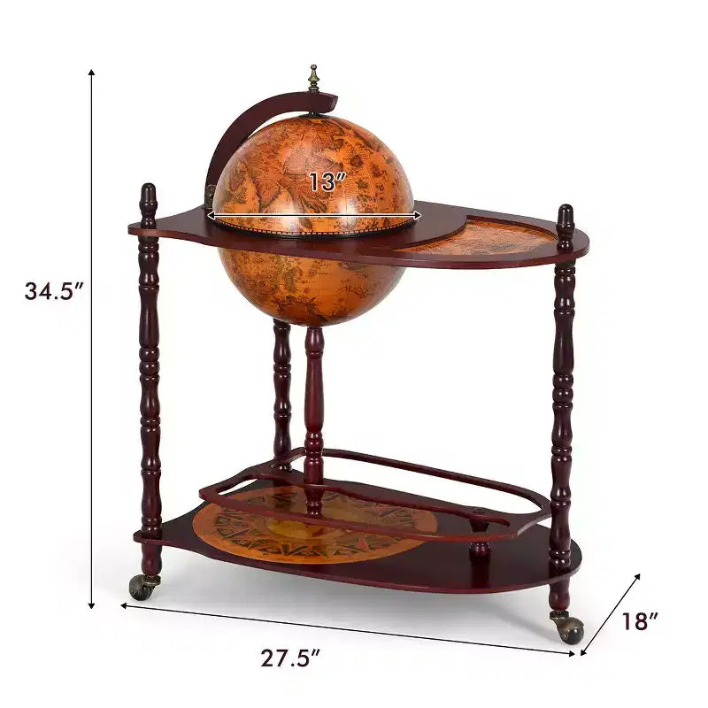 Mappamondo Bar in Legno 86 cm H Ripiano Porta Bottiglie Liquore Stile Italiano XVI Secolo