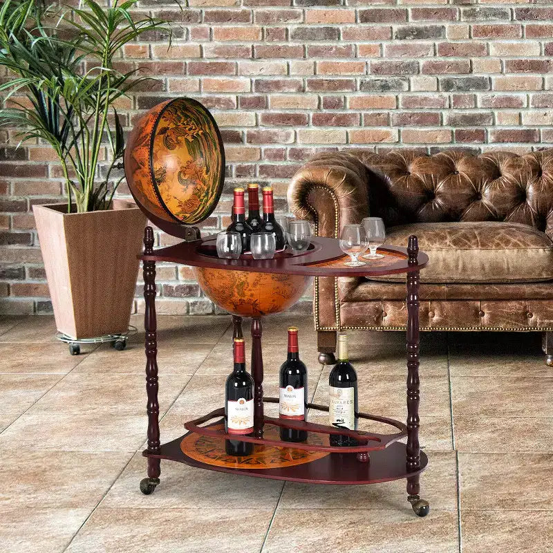 Mappamondo Bar in Legno 86 cm H Ripiano Porta Bottiglie Liquore Stile Italiano XVI Secolo