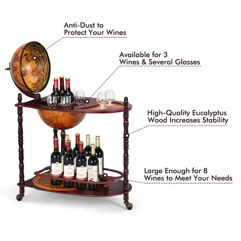 Mappamondo Bar in Legno 86 cm H Ripiano Porta Bottiglie Liquore Stile Italiano XVI Secolo
